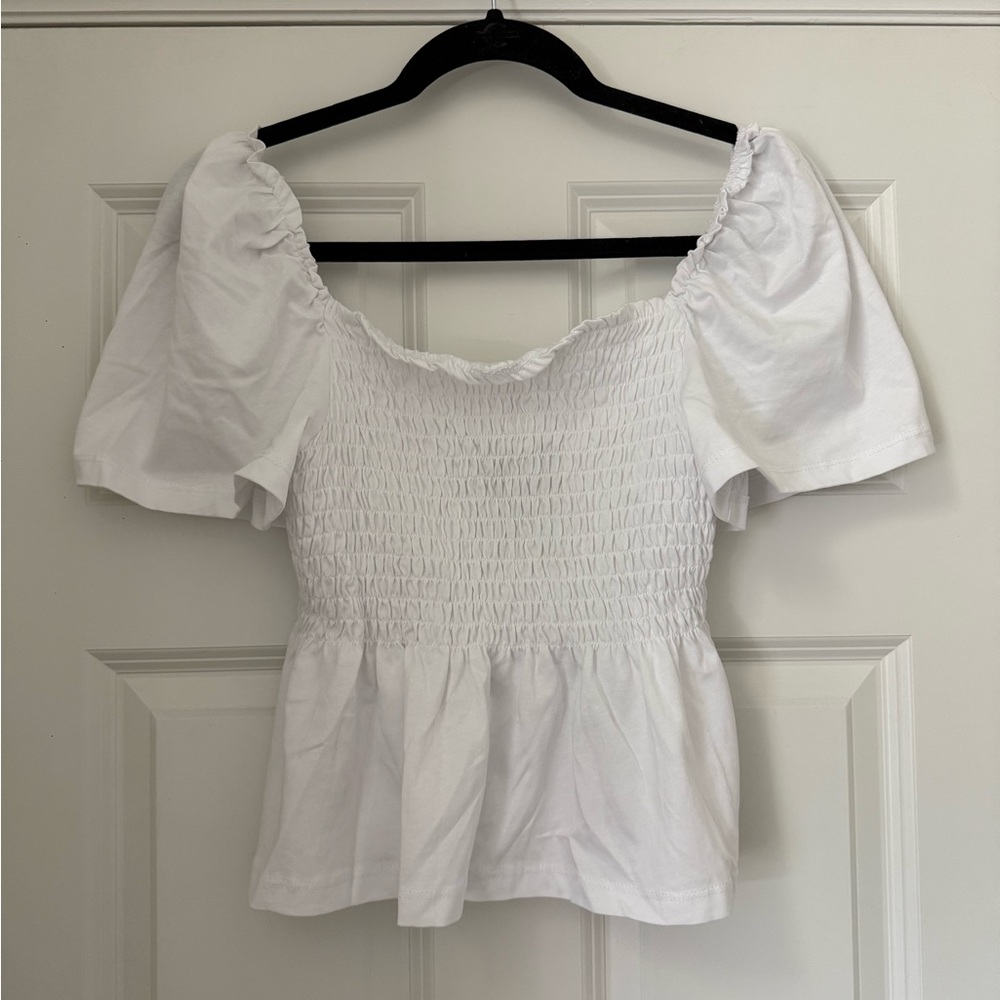H&M White Smocked Peplum Blouse